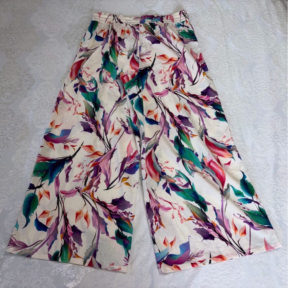 Calia Linen Blend Wide Leg Cover Up Pants Abstract Floral Print Size Large - Picture 4 of 8